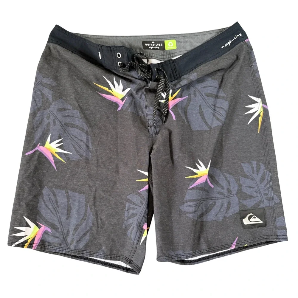 Quiksilver Highline Board Shorts Size 32 Dark Gray Black Tropical Floral EUC